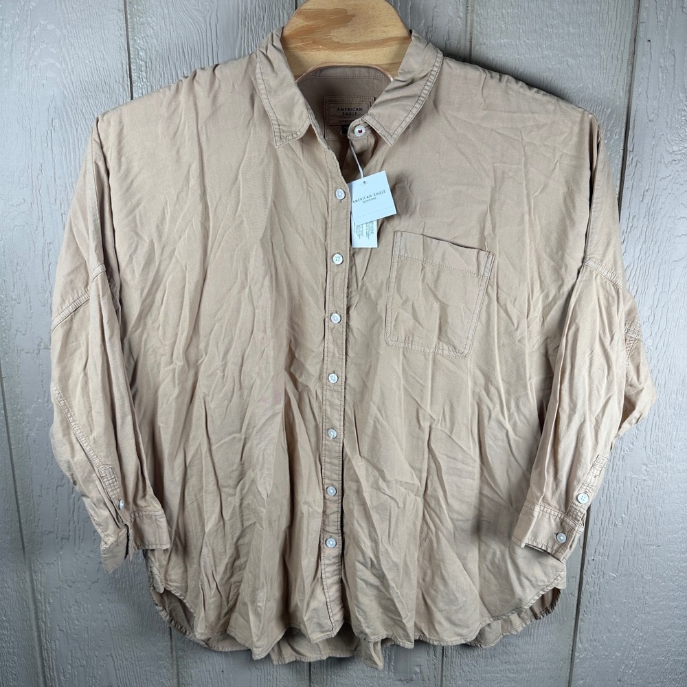 NEW American Eagle Button Down Shirt Womens Large Tan Oversized Fit Cotton Blend